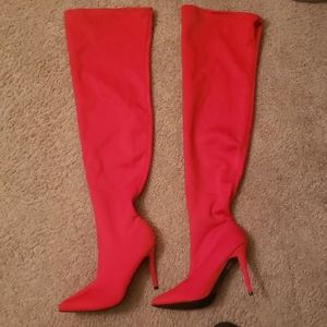 Red thigh high boots